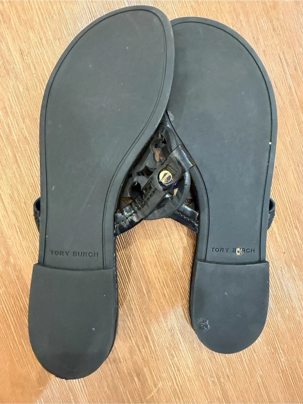 Tory Burch Black Patent Logo Thong Sandals with Gold Accents